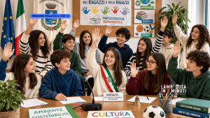 Giovani e democrazia, in foto dodici ragazzi e ragazzi con la mano alzata come se stessero votando. Al centro una ragazza con la fascia da sindaco. Alle spalle le bandiere dell'italia e dell'europa, uno stendardo e dei cartelloni scolastici