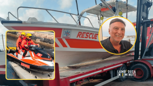 Idroambulanza Lampedusa, Giandamiano Lombardo di Federalberghi con il mezzo di soccorso sanitario e la moto d’acqua rescue.